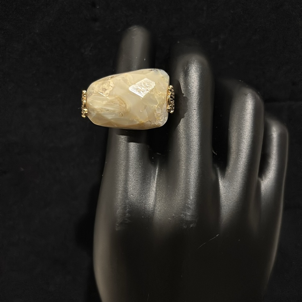 Studio Barse Large Milky Quartz Stone Flecks Of Brown Ring 9 Antiqued Gold Look - Picture 2 of 7